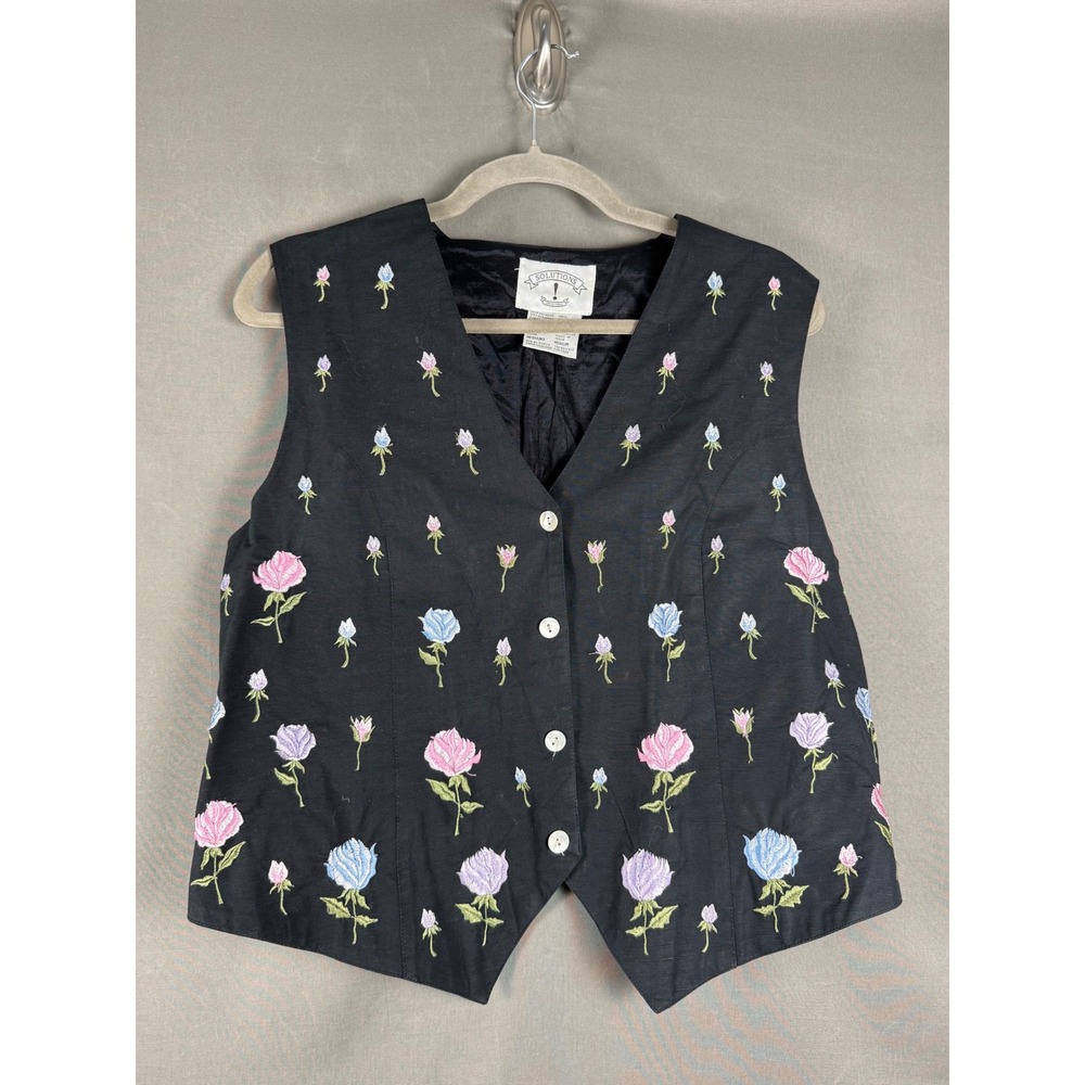 Solutions Original Floral Embroidered Vest Womens Medium Black Cotton V-Neck